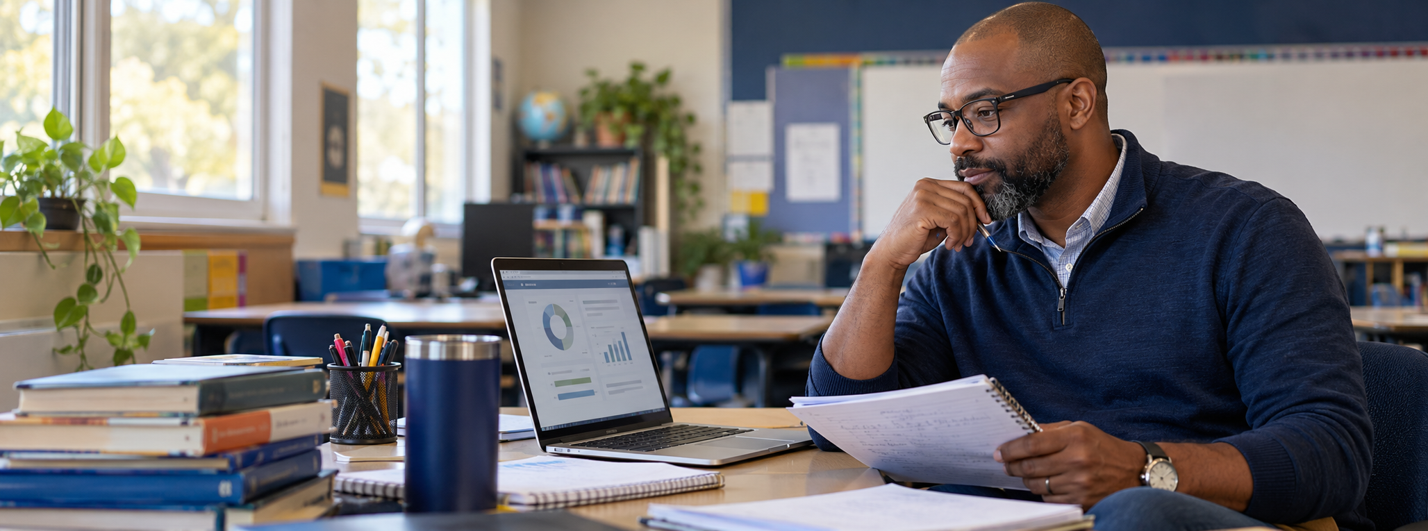 A teacher reviewing retirement account information at a classroom desk.
