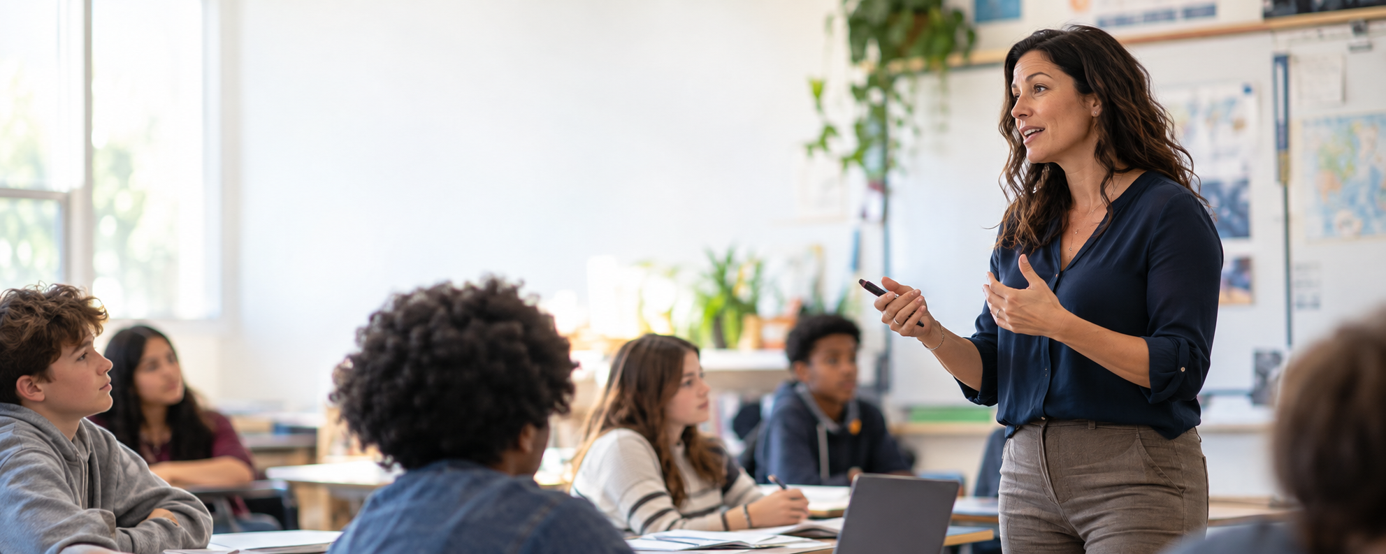 A teacher leading a classroom discussion with students.