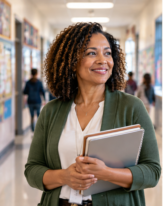 Educator standing in a school hallway