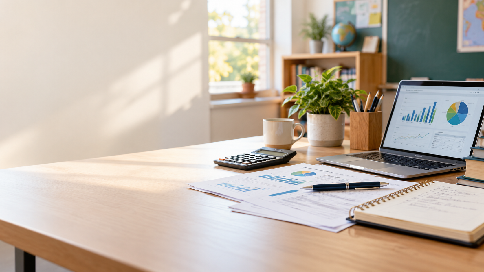 Planning workspace with financial charts and calculator.