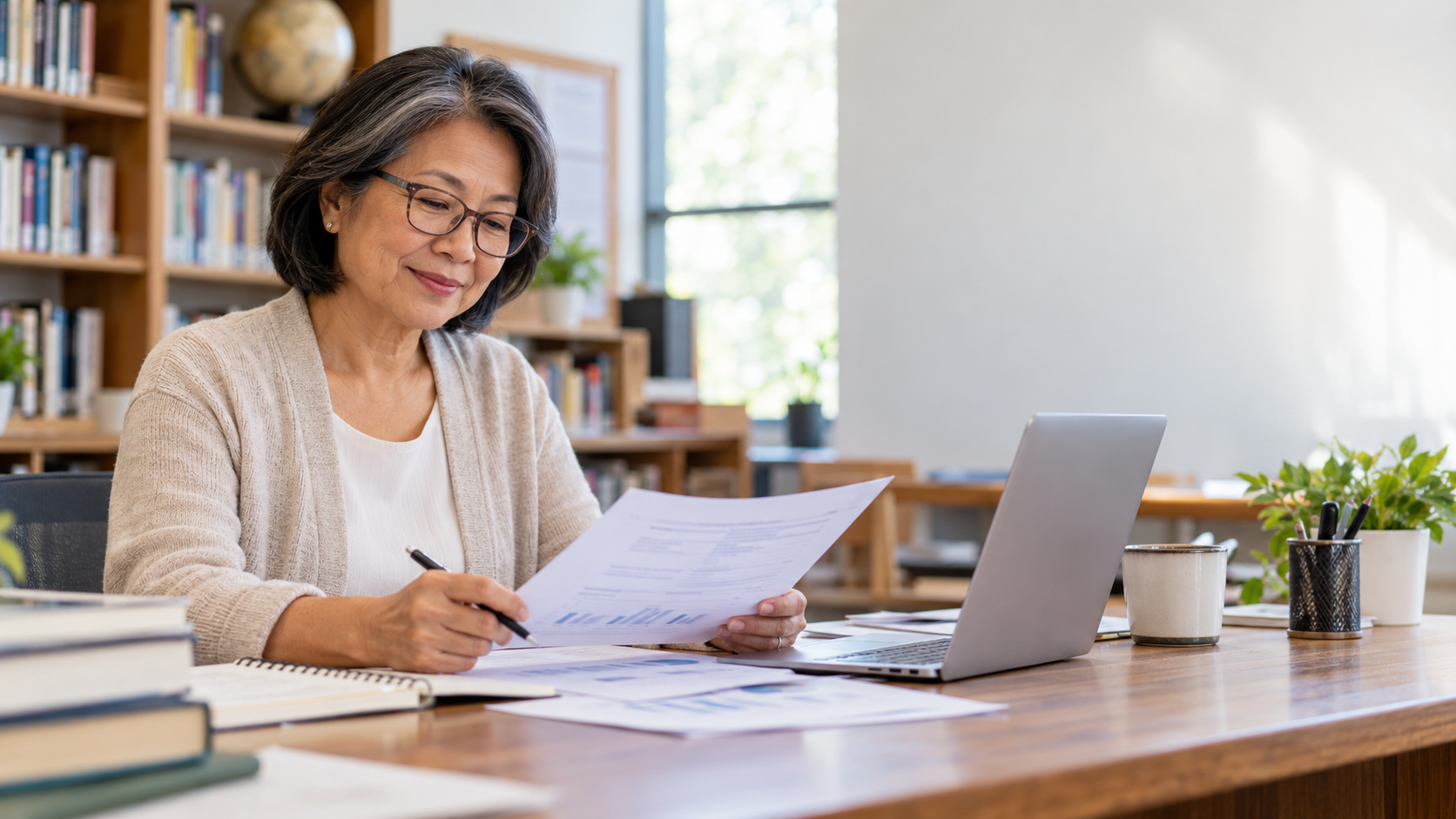 Educator reviewing retirement documents.