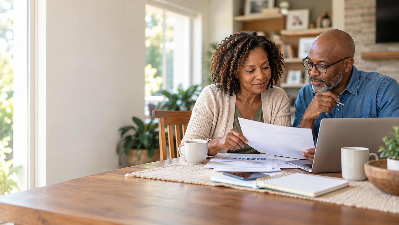Couple reviewing retirement documents together.