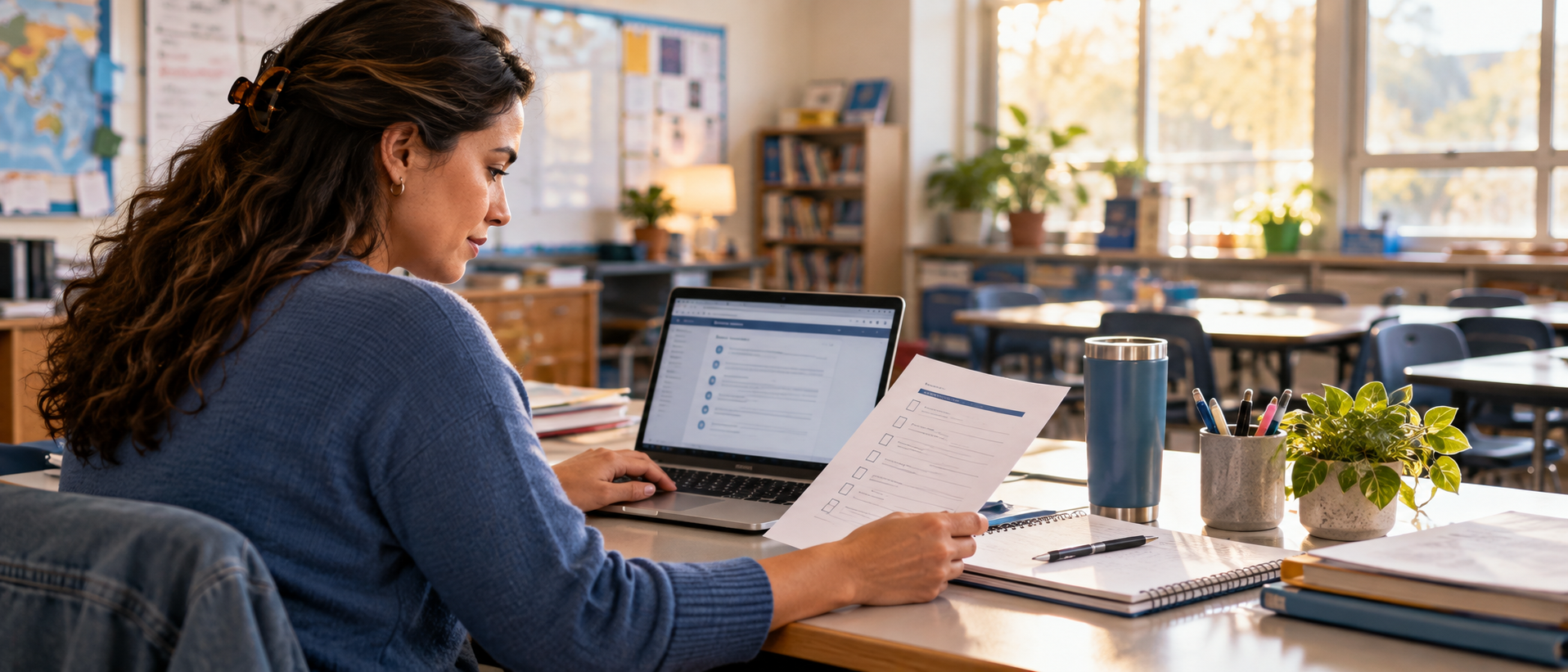A teacher reviewing paperwork beside a laptop in a classroom.