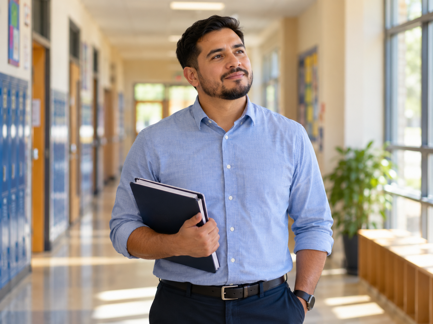 Educator considering next steps in a school hallway.