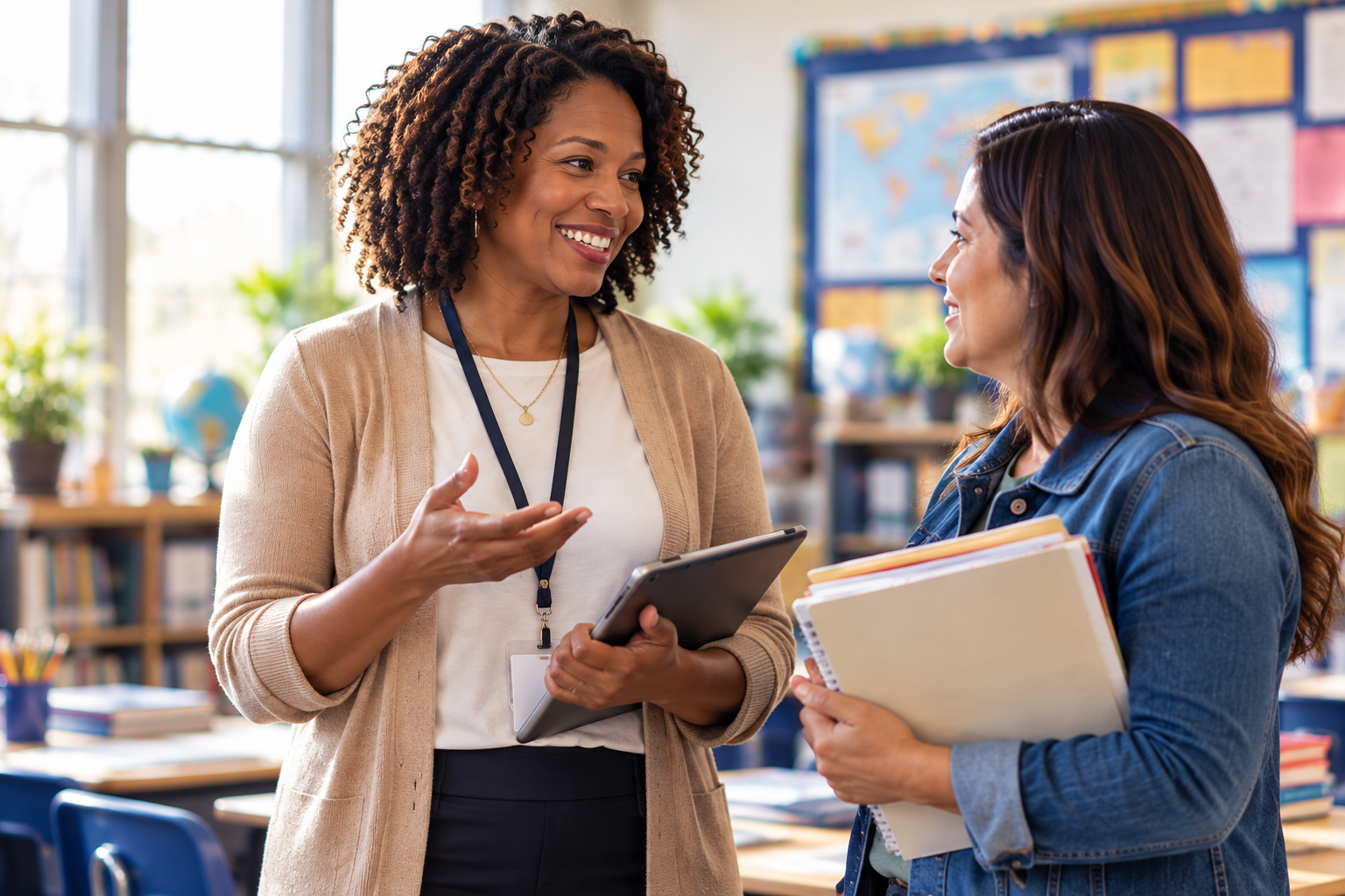 Two educators discussing plans in a classroom.