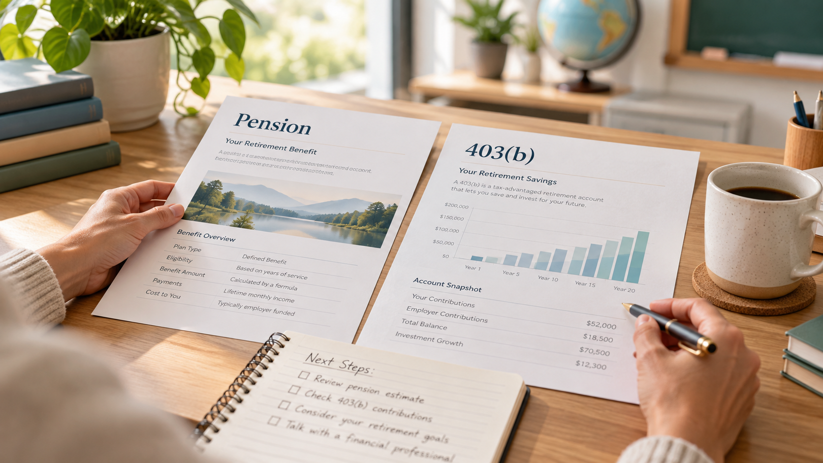 A side-by-side retirement planning comparison of a pension and a 403(b).