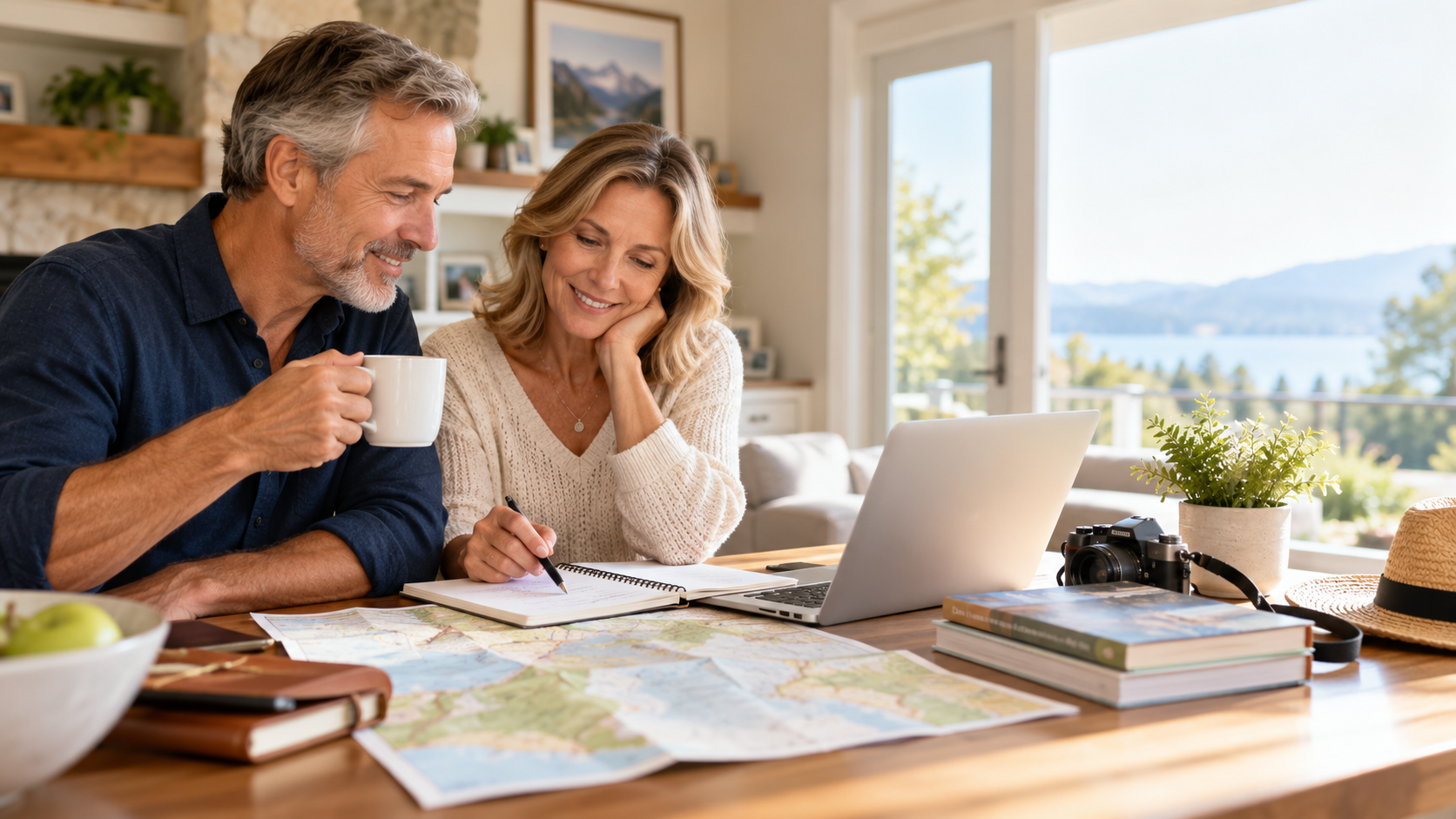 Couple planning future retirement activities together.